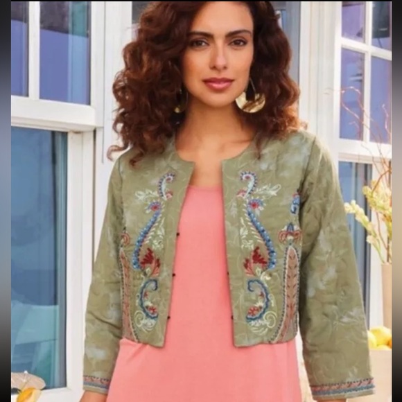 Soft Surroundings NWT D’oro Bolero Jacket in Olive Desert Beaded Embroidered, M - Picture 2 of 13